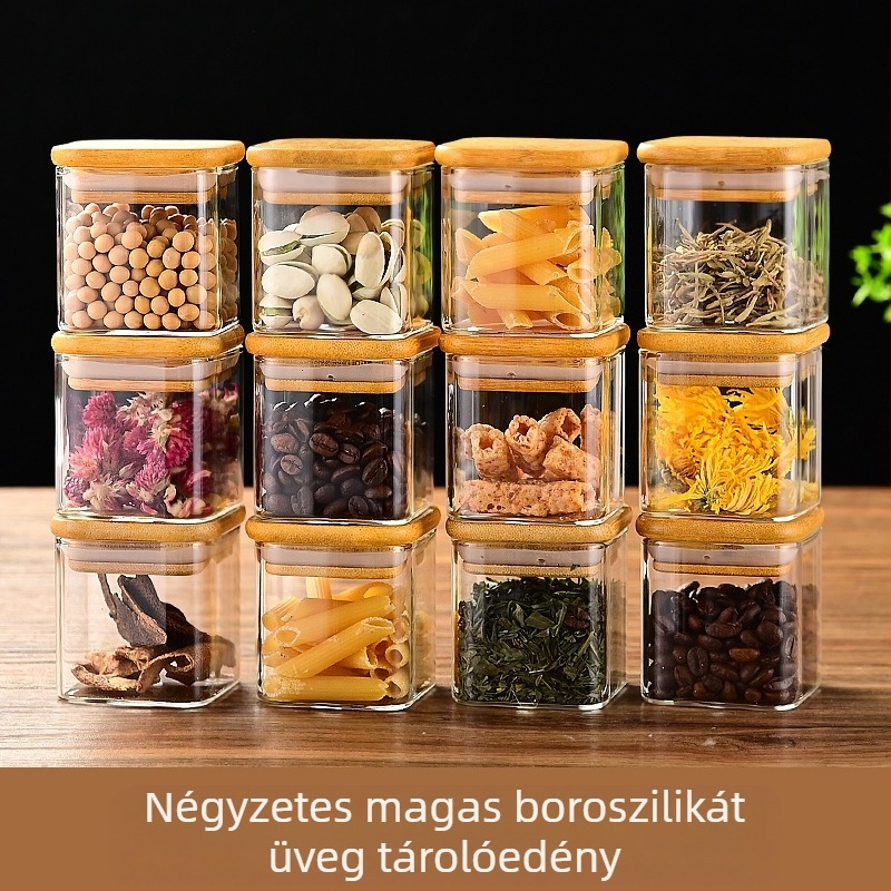 Határokon átnyúló bambusz fedéllel ellátott 12 darabos négyzet alakú tárolóedény, gyöngyház pamut öltönyös, lezárt üveg, magas boroszilikát tartalmú hőálló tárolóedény, nagykereskedelem