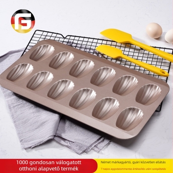 Vastagított tepsi, tapadásmentes bevonatú kagyló alakú tortaforma 12 arany madeleine formával, keksz sütőforma