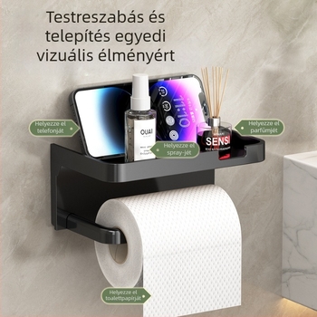 Határokon átnyúló fürdőszobai WC-papírtartó, vastagított, sötétszürke, lyukasztásmentes tartó, WC-papírtartó, mobiltelefon-tároló állvány