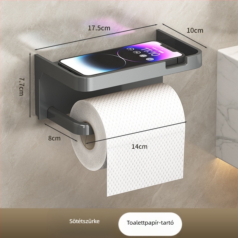 Határokon átnyúló fürdőszobai WC-papírtartó, vastagított, sötétszürke, lyukasztásmentes tartó, WC-papírtartó, mobiltelefon-tároló állvány