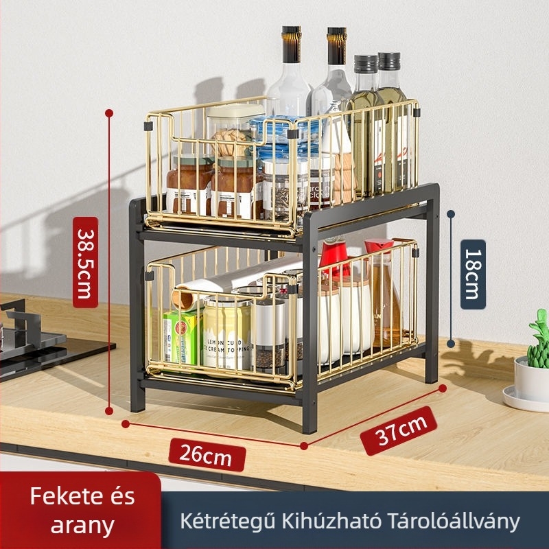 Kis konyhai réstároló polc, keskeny, kétrétegű, kihúzható alsó mosogatószekrény, fűszertároló polc