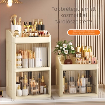 Összecsukható, dupla ajtós, koronaszínű, fehér kozmetikai tárolódoboz, többrétegű írószertároló állvány, háztartási bőrápolási termékek, porálló