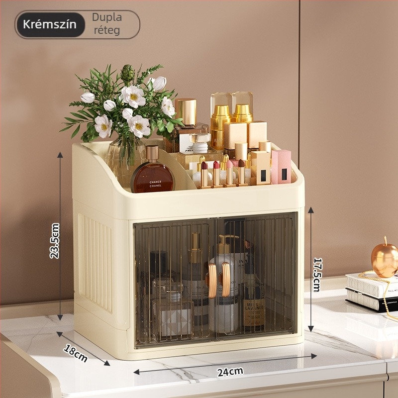 Összecsukható, dupla ajtós, koronaszínű, fehér kozmetikai tárolódoboz, többrétegű írószertároló állvány, háztartási bőrápolási termékek, porálló