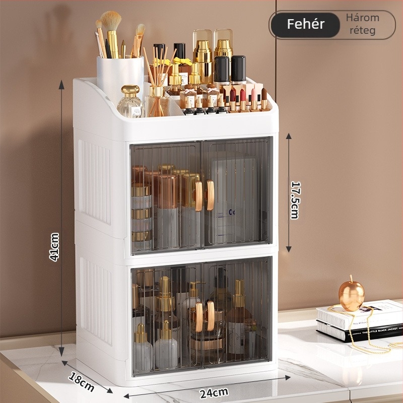 Összecsukható, dupla ajtós, koronaszínű, fehér kozmetikai tárolódoboz, többrétegű írószertároló állvány, háztartási bőrápolási termékek, porálló