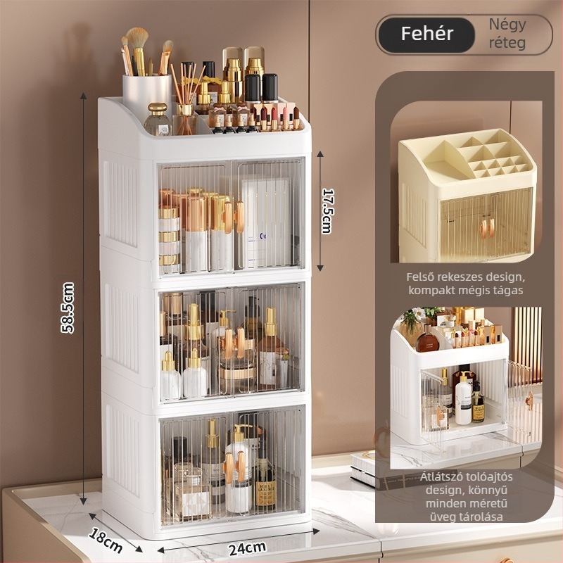Összecsukható, dupla ajtós, koronaszínű, fehér kozmetikai tárolódoboz, többrétegű írószertároló állvány, háztartási bőrápolási termékek, porálló