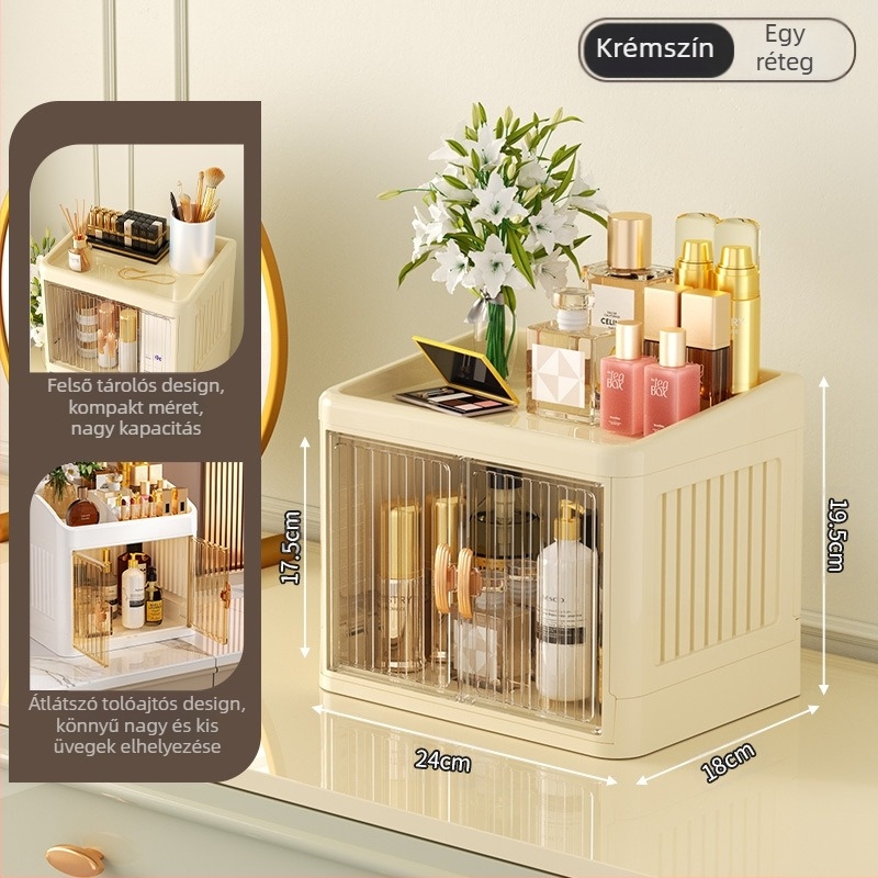 Összecsukható, dupla ajtós, koronaszínű, fehér kozmetikai tárolódoboz, többrétegű írószertároló állvány, háztartási bőrápolási termékek, porálló