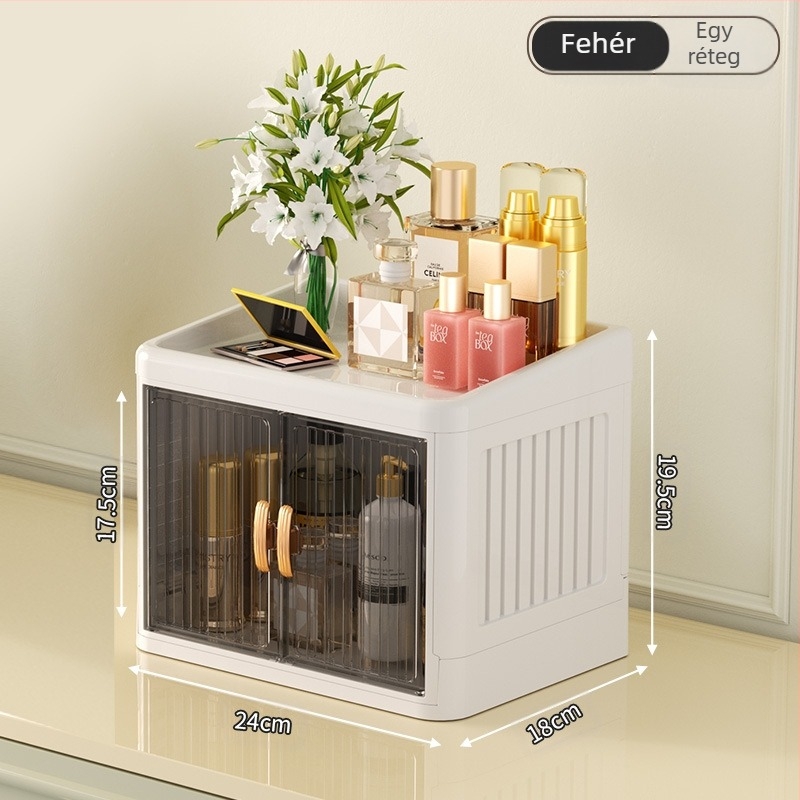Összecsukható, dupla ajtós, koronaszínű, fehér kozmetikai tárolódoboz, többrétegű írószertároló állvány, háztartási bőrápolási termékek, porálló