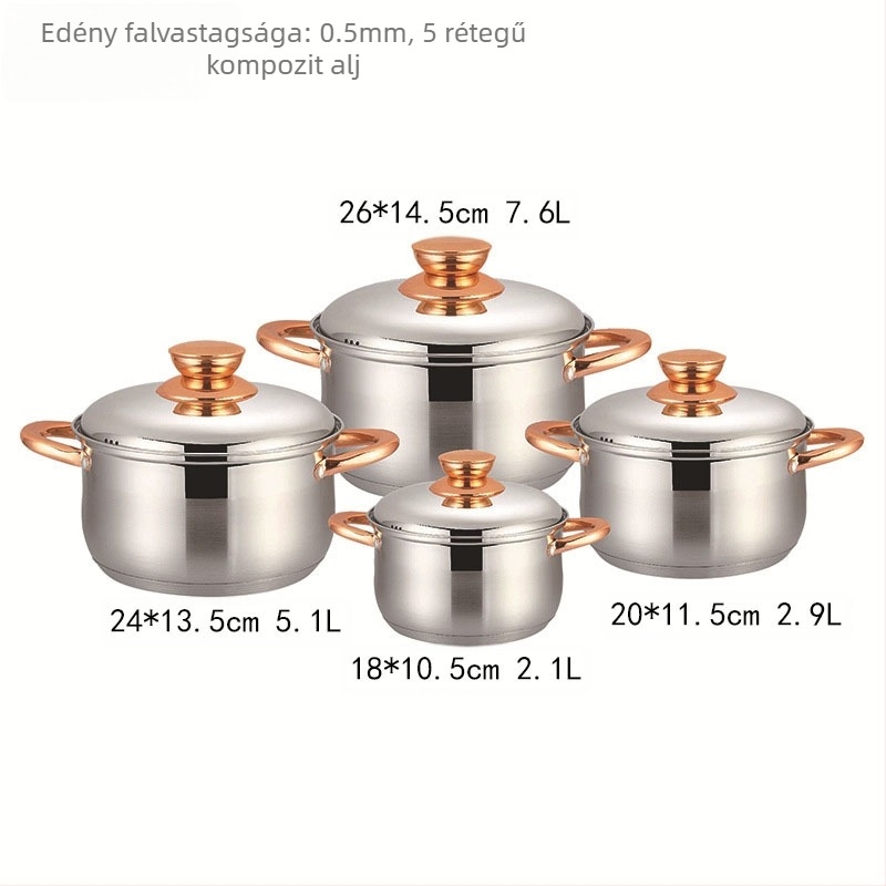 Élelmiszeripari minőségű 201 rozsdamentes acél edénykészlet vastagított 5 rétegű aljjal, dupla fogantyús levesesfazék, pörköltfazék acélfedővel Kv-1086, nagykereskedelem a gyártótól