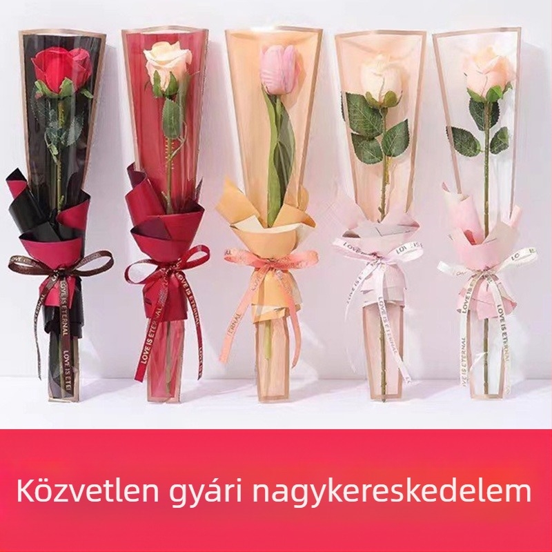 Spot Wholesale Tanárnapi Egyetlen Virág Csomagolózsák Átlátszó Vízálló Arany Szélű Műanyag Zsák Kínai Valentin-napi Rózsacsokor Táska
