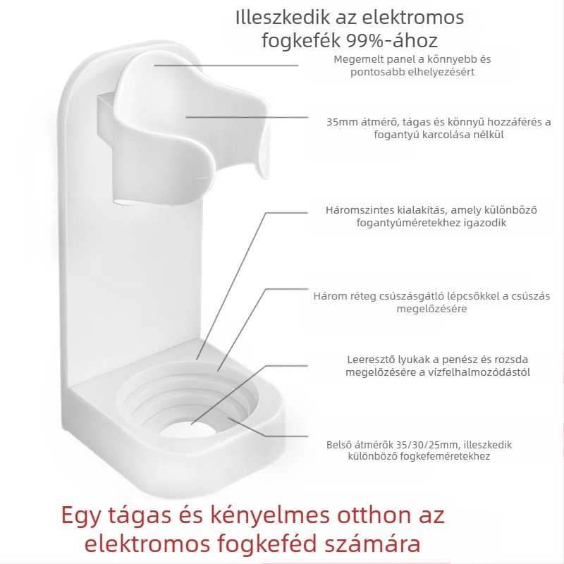 Elektromos fogkefetartó, falra szerelhető tárolóállvány, öntapadós, lyukasztásmentes fogkefefej, ajándékkonzol, tárolóállvány, fogkefetartó