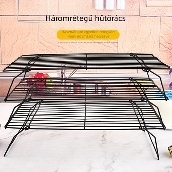 3 rétegű összecsukható sütősütemény-hűtőállvány, kenyérhűtőállvány, sütiszárító állvány, fekete tapadásmentes hűtőrács sütéshez