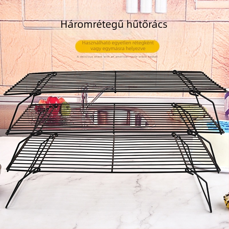 3 rétegű összecsukható sütősütemény-hűtőállvány, kenyérhűtőállvány, sütiszárító állvány, fekete tapadásmentes hűtőrács sütéshez