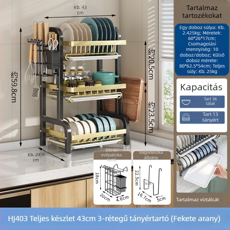 Edények és edénytároló állvány Konyhai tároló állvány Késtartó Evőpálcika-tartó Integrált lefolyótartó Háztartási multifunkcionális táltartó