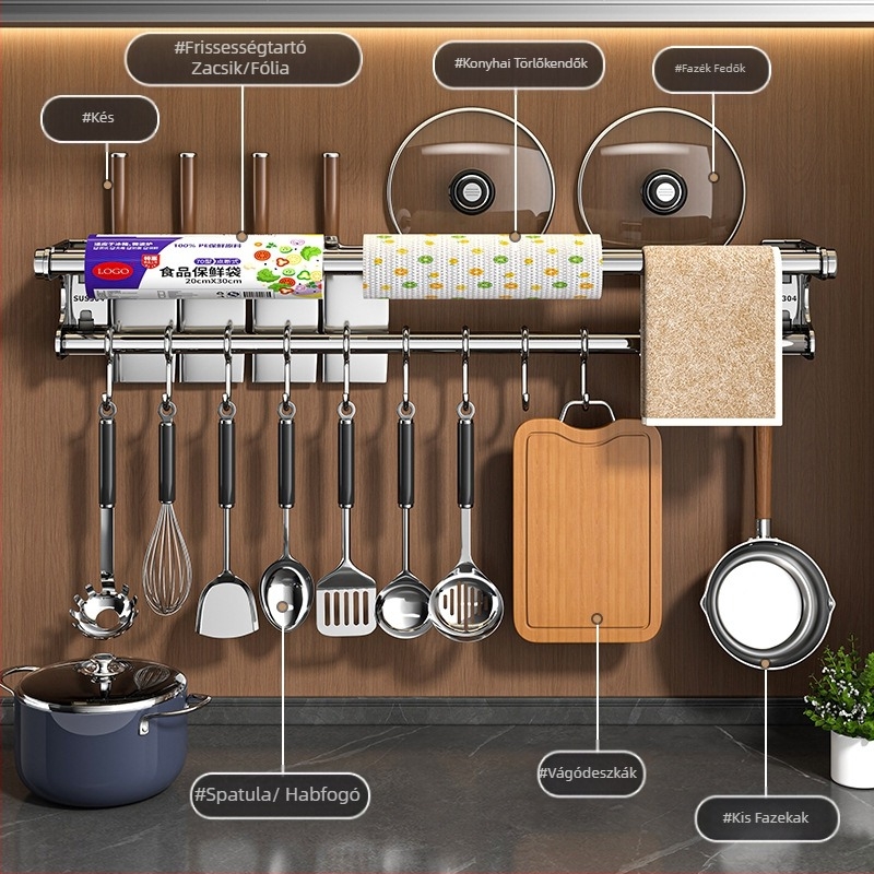 Ütésmentes késtartó tárolóállvány 304 rozsdamentes acél tárolóállvány konyhai akasztó edényfedő vágódeszka műanyag fóliázó papírzsebkendőtartó