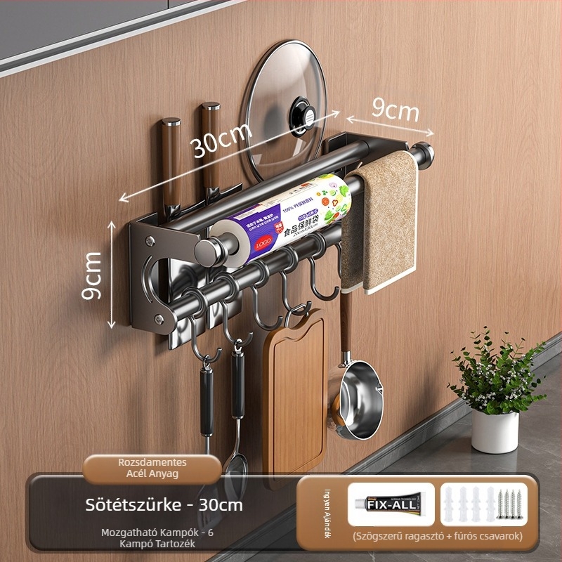 Ütésmentes késtartó tárolóállvány 304 rozsdamentes acél tárolóállvány konyhai akasztó edényfedő vágódeszka műanyag fóliázó papírzsebkendőtartó