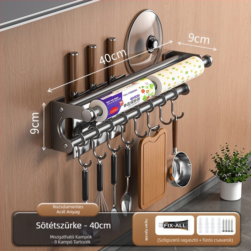 Ütésmentes késtartó tárolóállvány 304 rozsdamentes acél tárolóállvány konyhai akasztó edényfedő vágódeszka műanyag fóliázó papírzsebkendőtartó