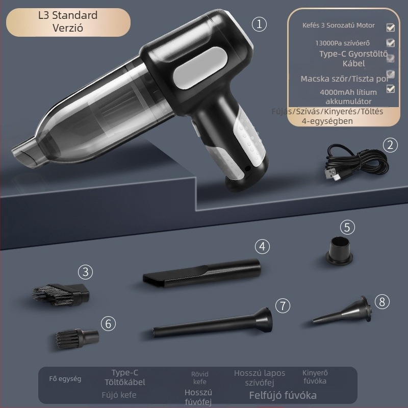 Autós porszívó, kettős célú autóba és otthonra, vezeték nélküli kézi újratölthető, nagy teljesítményű, kicsi, mini, nagy teljesítményű fúvó funkció, hordozható porszívó