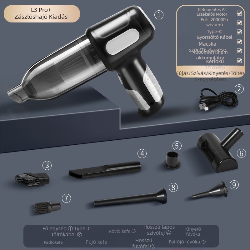 Autós porszívó, kettős célú autóba és otthonra, vezeték nélküli kézi újratölthető, nagy teljesítményű, kicsi, mini, nagy teljesítményű fúvó funkció, hordozható porszívó