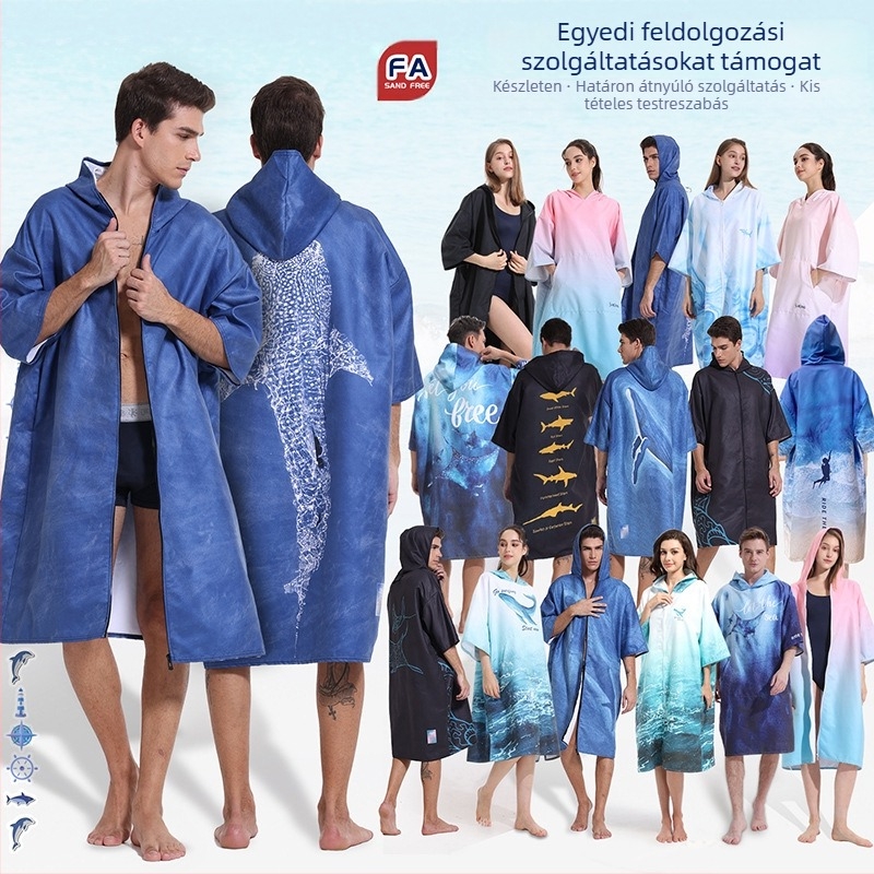 2025 Határokon átnyúló, gyorsan száradó, cipzáras fürdőköpeny, úszótörölköző, hordozható váltókabát, kapucnis köpeny, strandtörölköző