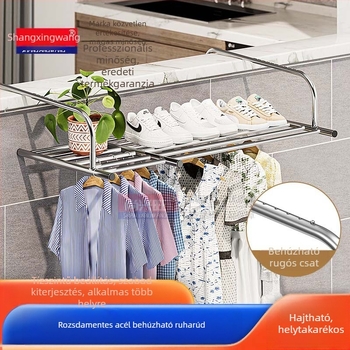 Rozsdamentes acél ablakba visszahúzható ruhaakasztó lyukasztásmentes multifunkcionális erkélyszárító állvány ruhaakasztó ablak összecsukható állvány