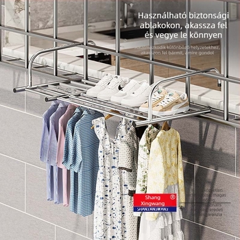 Rozsdamentes acél ablakba visszahúzható ruhaakasztó lyukasztásmentes multifunkcionális erkélyszárító állvány ruhaakasztó ablak összecsukható állvány