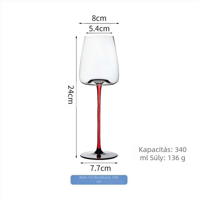 Fekete nyakkendős kristály vörösboros pohár, bordó, nagy hasú otthoni szett, piros rúd, piros, magas, akadálymentesített, luxus, csúcskategóriás pohár