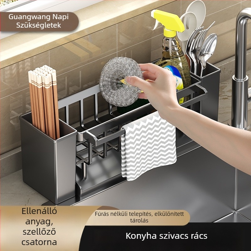 Mosogatótartó, konyhai evőpálcika, késtartó, integrált tároló, többcélú kézmosó mosogató, acélgolyós pulton lévő tárolóállvány