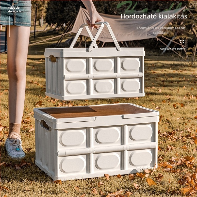 Kültéri kemping hordozható tárolódoboz összecsukható doboz kemping tárolódoboz autó tárolódoboz műanyag fa borítású doboz tárolódoboz