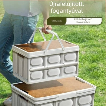 Kültéri, vad kempingezéshez, kiránduláshoz, autó csomagtartójába, multifunkcionális túradobozba, autóba, fa borítású tároló, összecsukható tárolódoboz