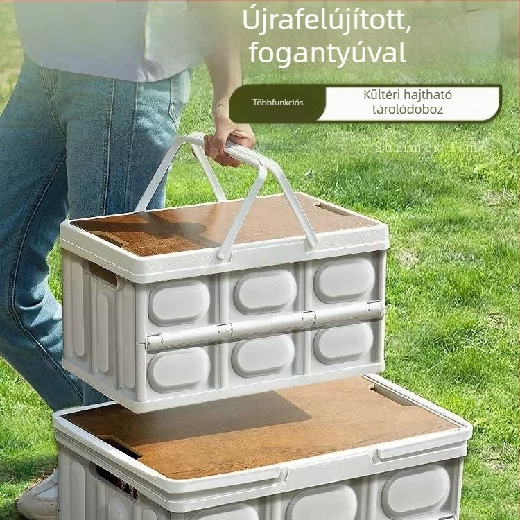 Kültéri, vad kempingezéshez, kiránduláshoz, autó csomagtartójába, multifunkcionális túradobozba, autóba, fa borítású tároló, összecsukható tárolódoboz