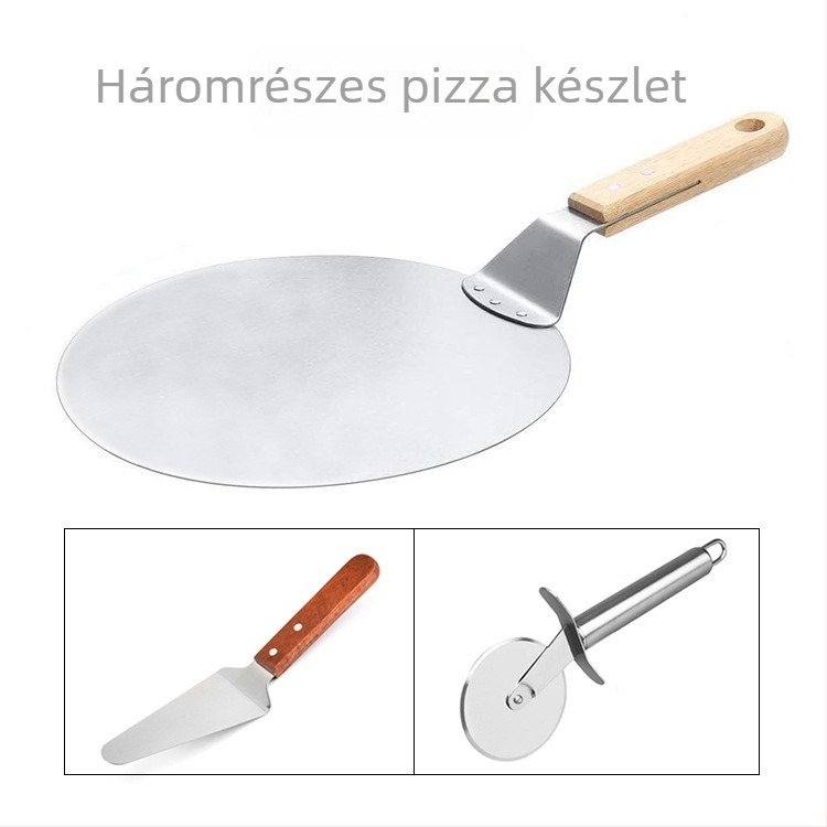 Gyári helyszíni sütőeszközök háromrészes pizzakészlet fa nyéllel, kerek lapát rozsdamentes acél kerekes kés fa nyéllel, háromszög alakú lapát