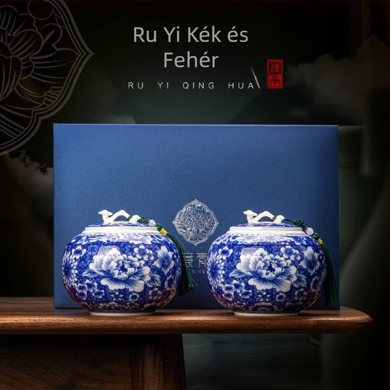 Kerámia teáskannák kínai stílusú Vintage Ruyi kék és fehér üvegek lezárt tárolóedények új dupla dobozos ajándékdobozok ajándékokhoz