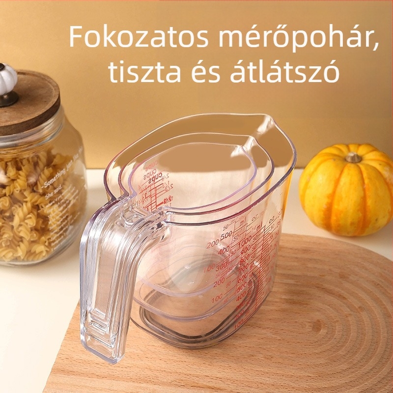 3 darabos műanyag mérőpohár, nagy áteresztőképességű mérőpohár, 1000ml/500ml/250ml, egymásra rakható mérőpohár, sütőipari mérőeszköz