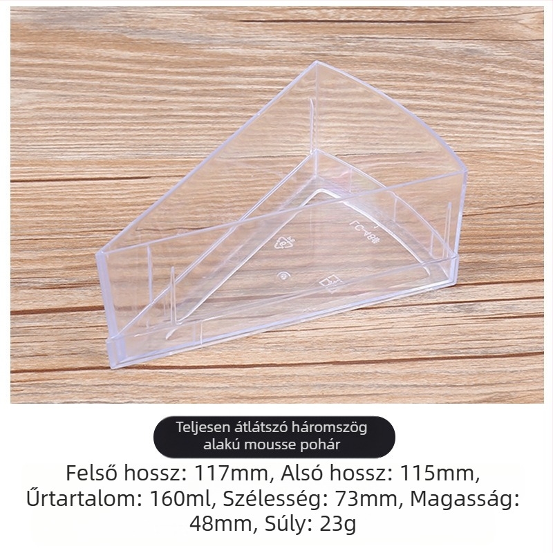 Eldobható háromszög alakú, vastagított mousse pohár PS kemény műanyag pudingzselés fagylalt desszert torta doboz