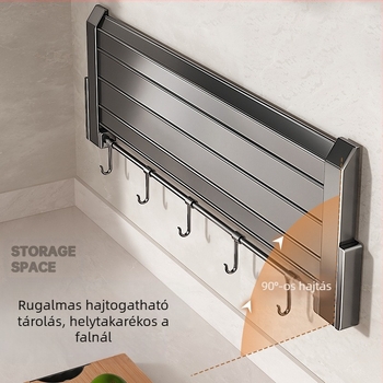 ♤ Konyhai tárolóállvány, Vágódeszka-tartó, Fúrás nélküli, falra szerelhető, multifunkcionális, összecsukható tárolóállvány, Fedő- és fűszertartó, Táltartó