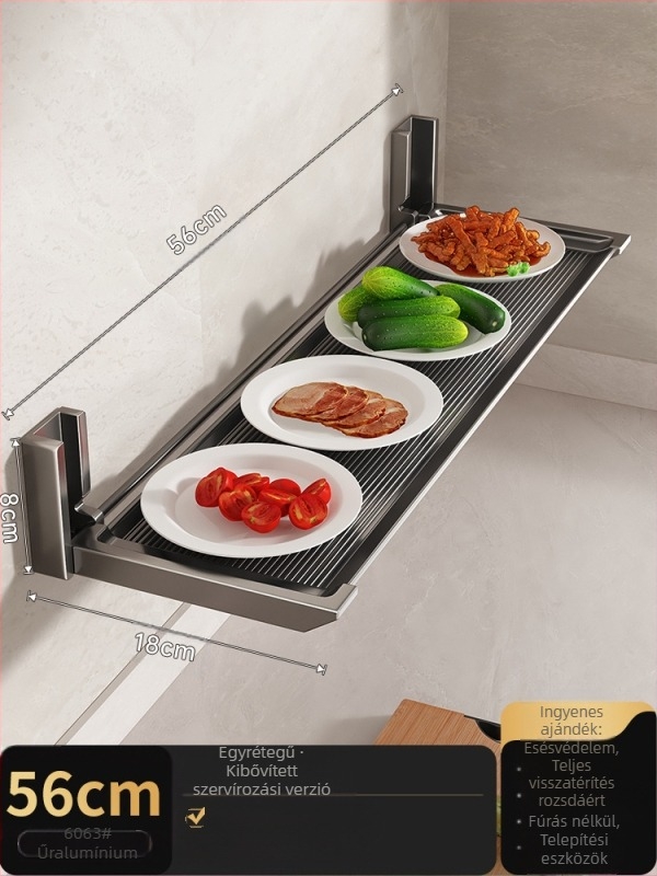 ♤ Konyhai tárolóállvány, Vágódeszka-tartó, Fúrás nélküli, falra szerelhető, multifunkcionális, összecsukható tárolóállvány, Fedő- és fűszertartó, Táltartó