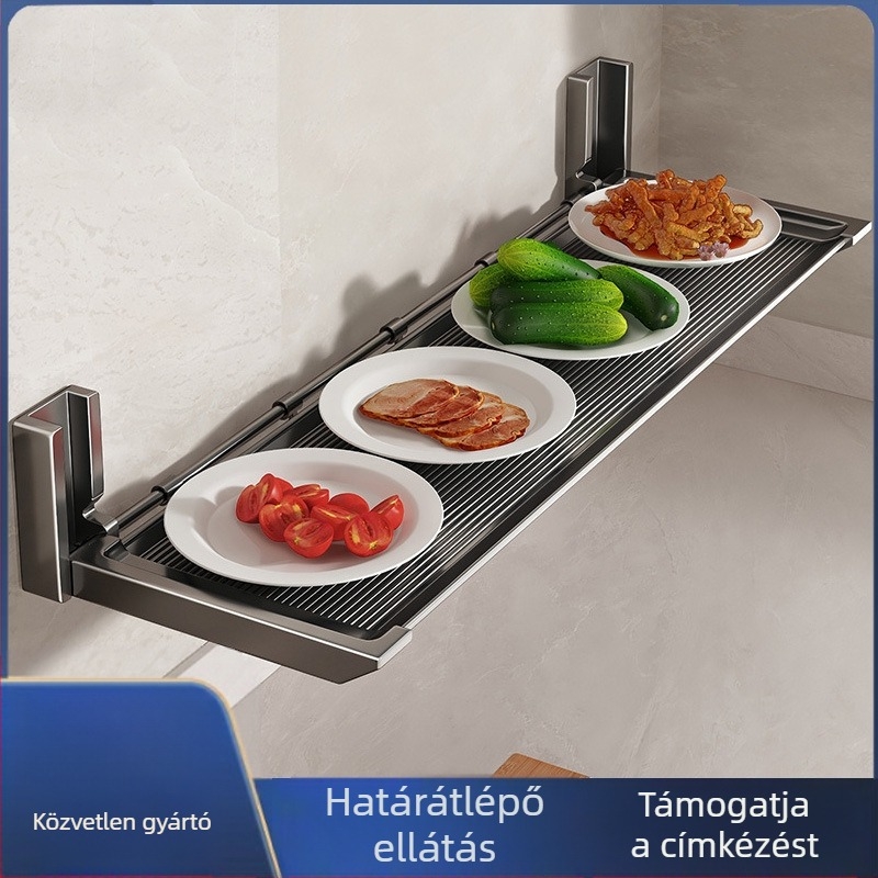 ♤ Konyhai tárolóállvány, Vágódeszka-tartó, Fúrás nélküli, falra szerelhető, multifunkcionális, összecsukható tárolóállvány, Fedő- és fűszertartó, Táltartó