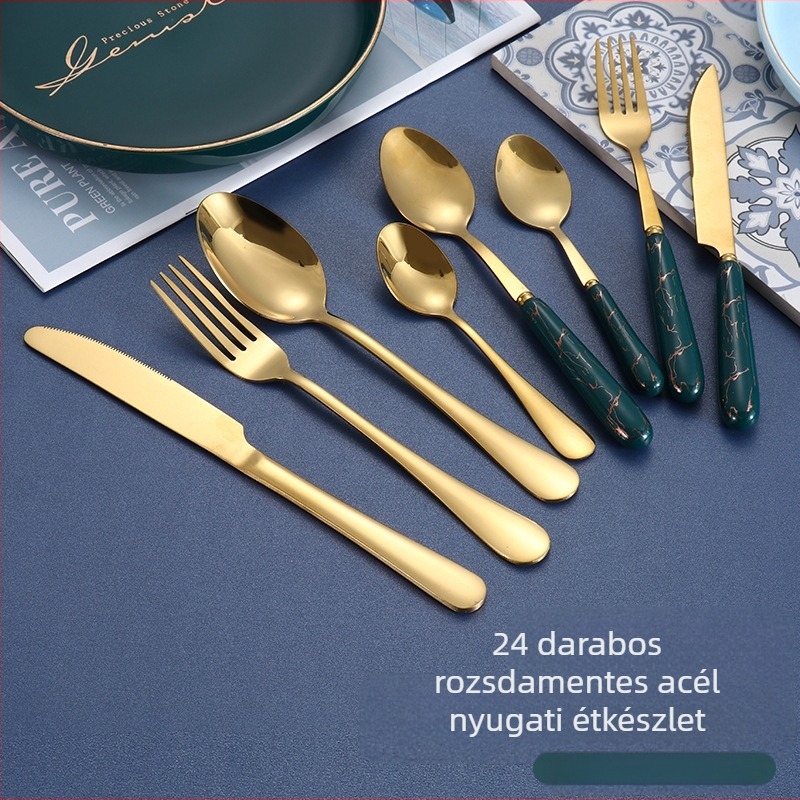 Határokon átnyúló e-kereskedelmi rozsdamentes acél steak kés és villa tányérkészlet európai stílusú háztartási nyugati éttermi étkészlet kés, villa és kanál négyrészes készlet