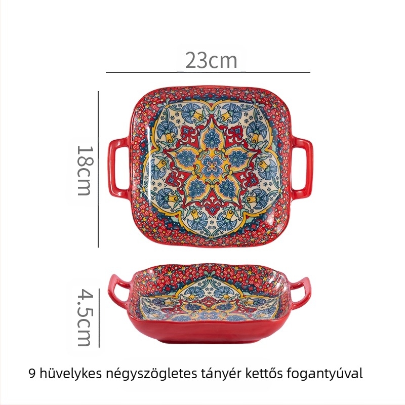 Bohém binaurális négyzet alakú kerámia tányér kreatív háztartási edényháló hírességek gyümölcs psta tányér sütő mikrohullámú sütő