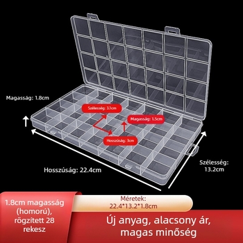 1,8 magas, fix, 28 rácsos, átlátszó pp műanyag rekeszes doboz elektronikus alkatrészekhez, csomagolódoboz, asztali tárolódoboz fedéllel