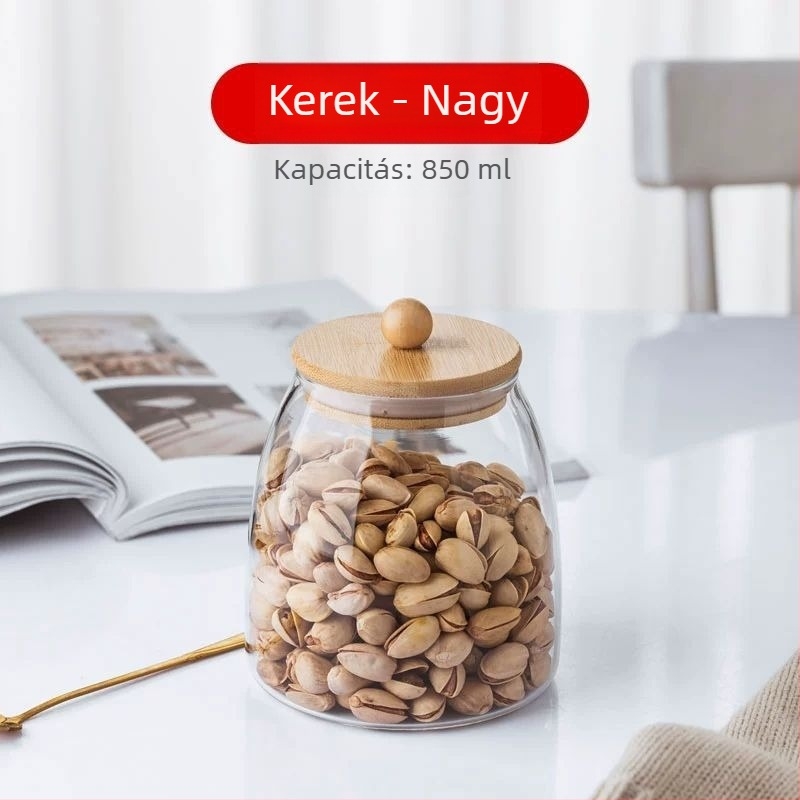 Átlátszó üveg teáskanna illatos teáskanna fekete teás palack kerek bambusz fedél tömítőgyűrűvel fűszertároló edény