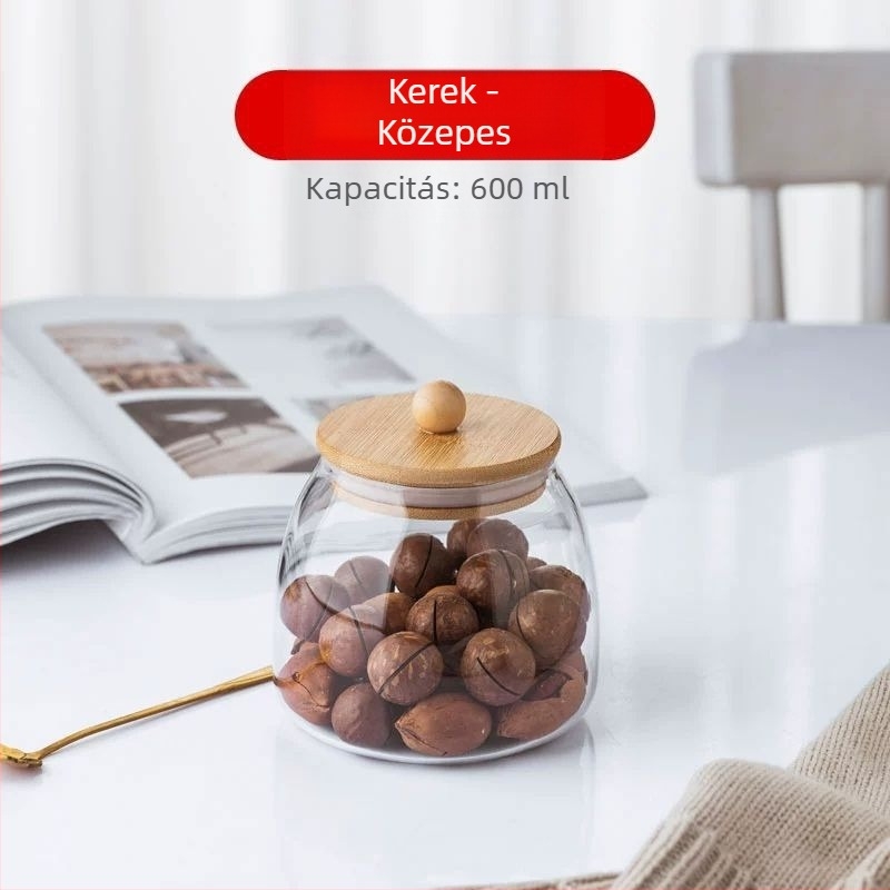 Átlátszó üveg teáskanna illatos teáskanna fekete teás palack kerek bambusz fedél tömítőgyűrűvel fűszertároló edény