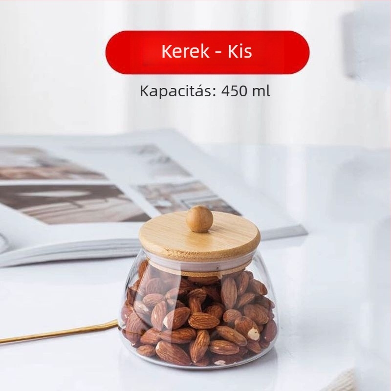 Átlátszó üveg teáskanna illatos teáskanna fekete teás palack kerek bambusz fedél tömítőgyűrűvel fűszertároló edény