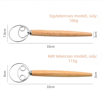 13 hüvelykes tölgyfa fogantyúval ellátott lisztkeverő dán tésztakeverő rozsdamentes acél tekercses tojáskeverő