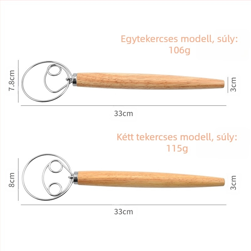 13 hüvelykes tölgyfa fogantyúval ellátott lisztkeverő dán tésztakeverő rozsdamentes acél tekercses tojáskeverő