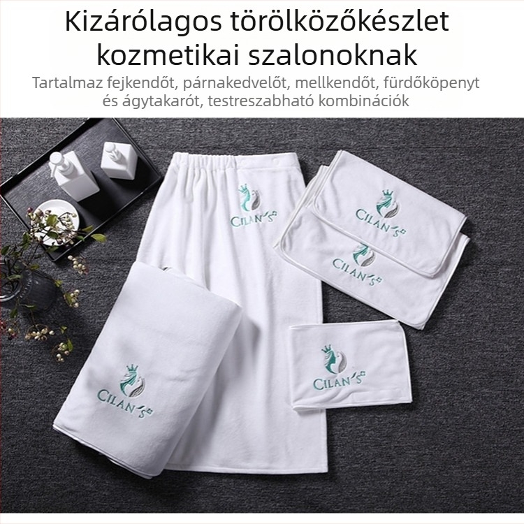 Szépségszalon törölköző mikroszálas, egyedi logóval, tépőzáras, szöszmentes bőrápoló fejkendő, háromrészes szett