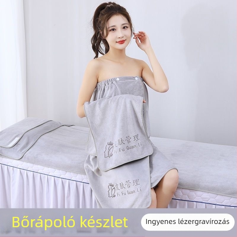 Szépségszalon törölköző mikroszálas, egyedi logóval, tépőzáras, szöszmentes bőrápoló fejkendő, háromrészes szett