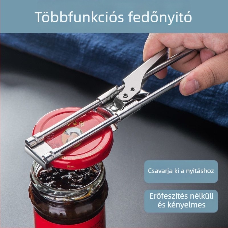 Forgatható, manuálisan állítható, többfunkciós konzervnyitó csúszásgátló kupakkal és csavarós nyitóval