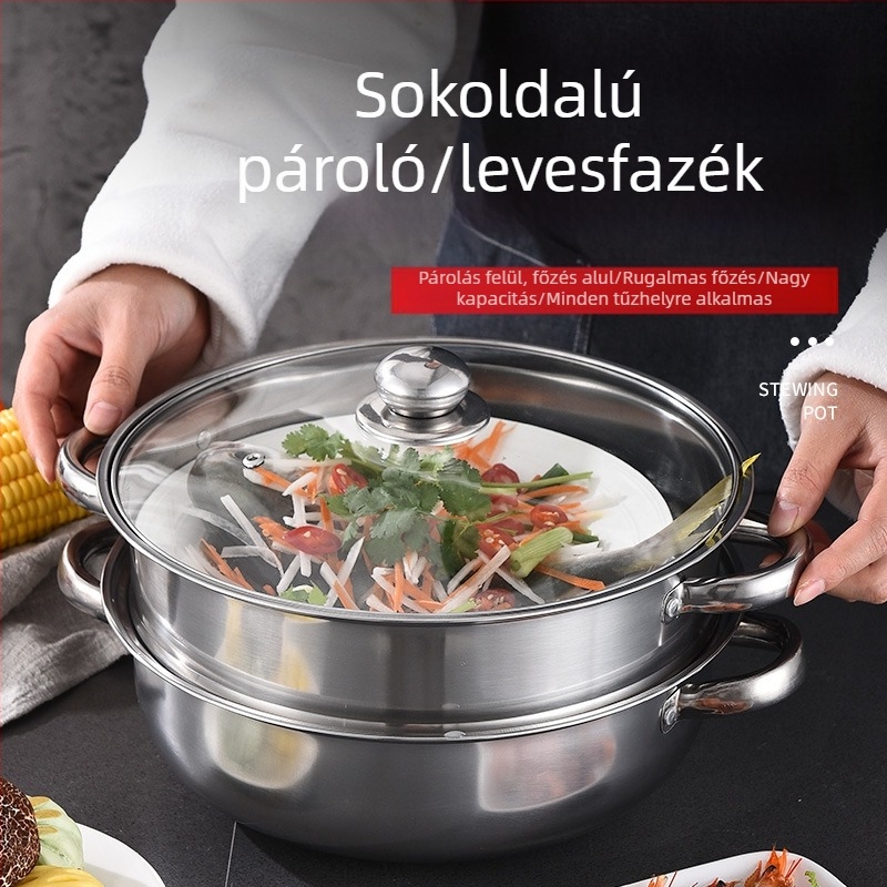 Nagykereskedelmi rozsdamentes acél binaurális gőzölő, vastagított kétrétegű levesgőzölő, háztartási forró edény reklám ajándékedény, egyedi logóval