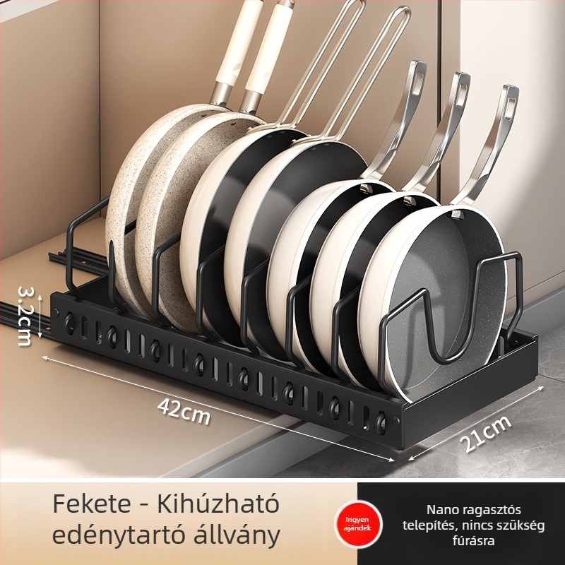 Konyhai tároló edényfedő állvány, állítható edényhelyező edénytartó, pultszekrény, tányér, kihúzható tárolóállvány
